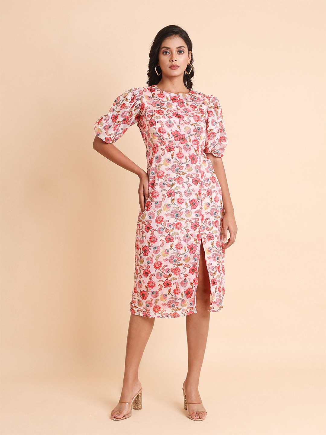 

Disli Floral Printed Puff Sleeves Sheath Midi Dress, Off white