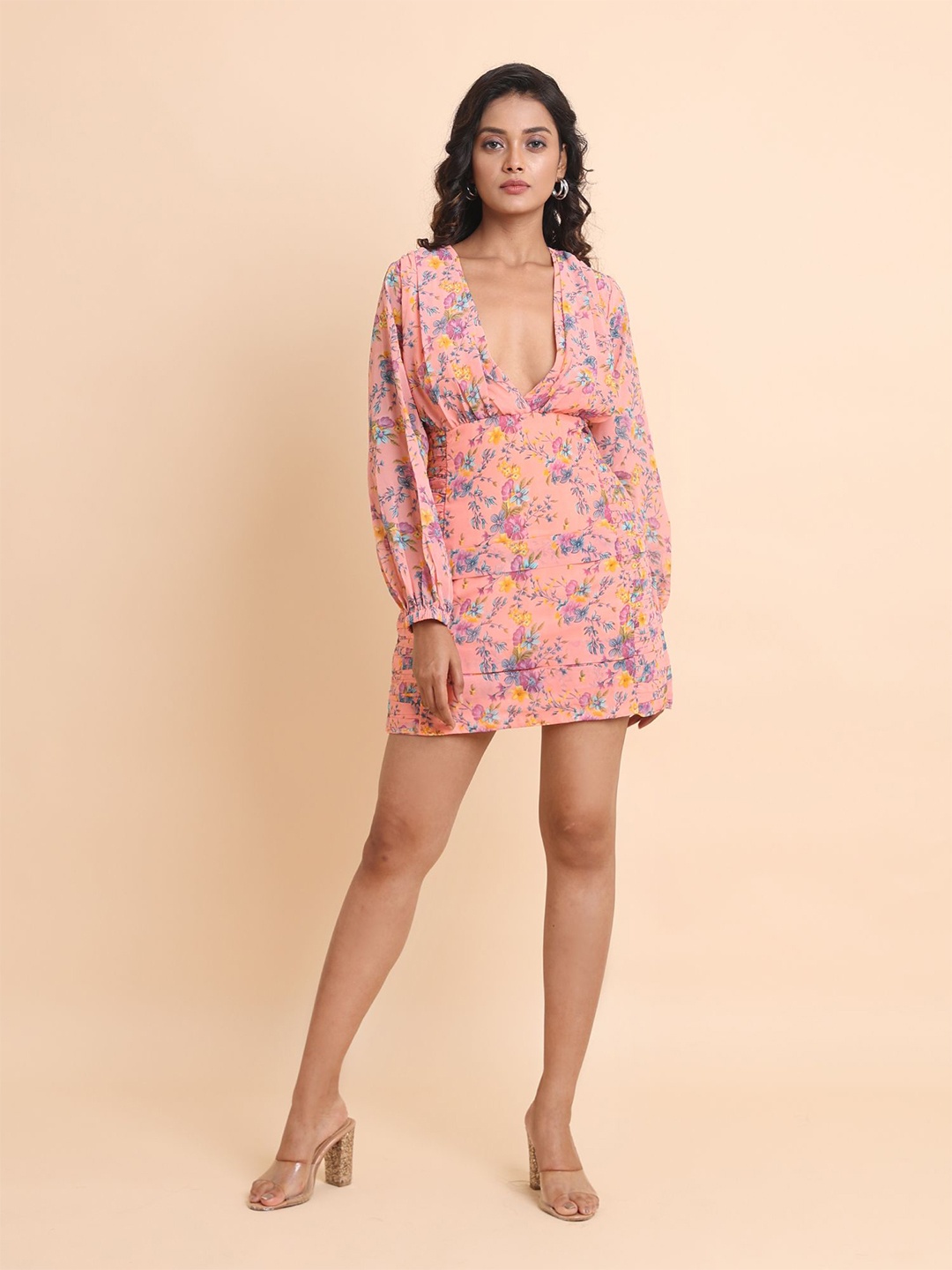 

Disli Floral Printed A-Line Dress, Peach