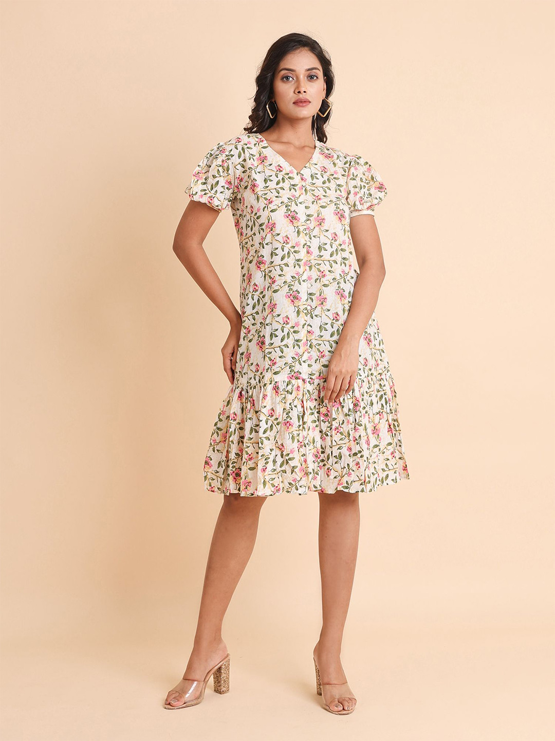 

Disli Floral Printed A-Line Cotton Dress, Off white