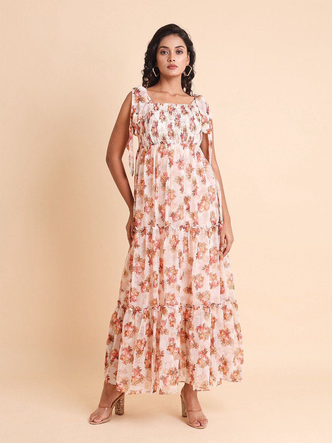

Disli Floral Printed Square Neck Georgette Maxi Dress, Off white