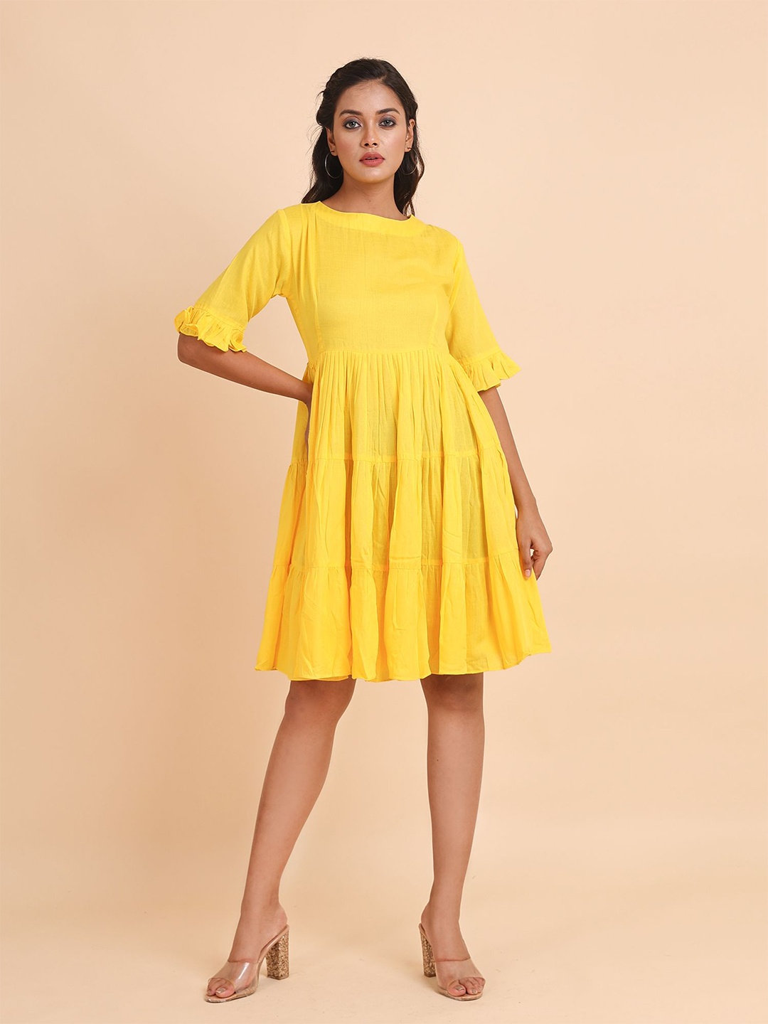 

Disli Boat Neck Bell Sleeve Flounce Hem Pleated Tiered Cotton Fit & Flare Dress, Yellow