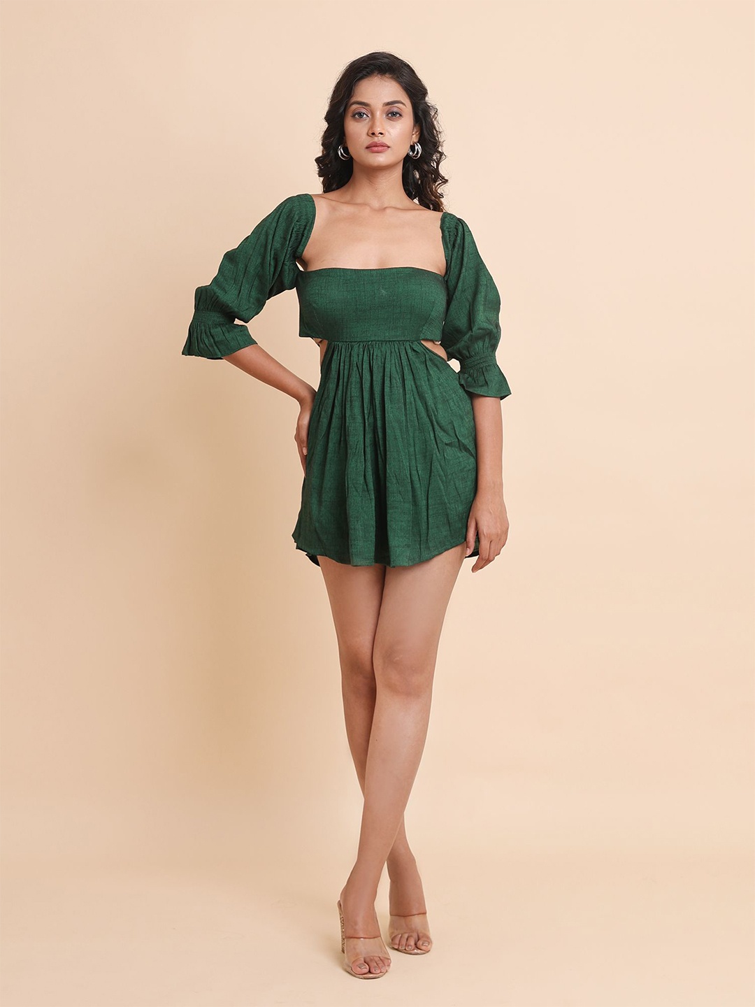 

Disli Bell Sleeve Cotton Fit & Flare Mini Dress, Green