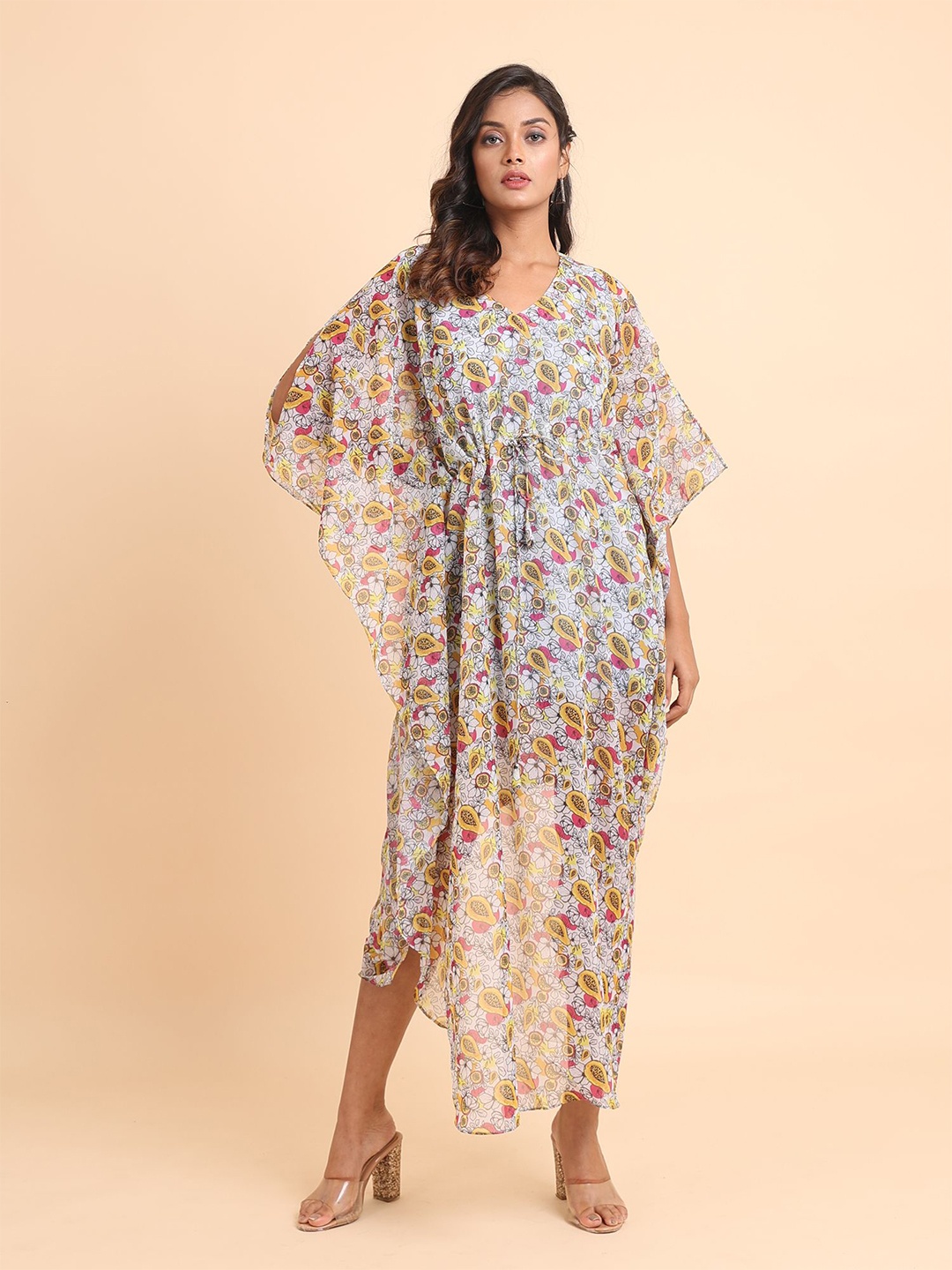 

Disli Floral Printed V-Neck Tie-Ups Detail Asymmetric Hem Georgette Kaftan Maxi Dress, Blue