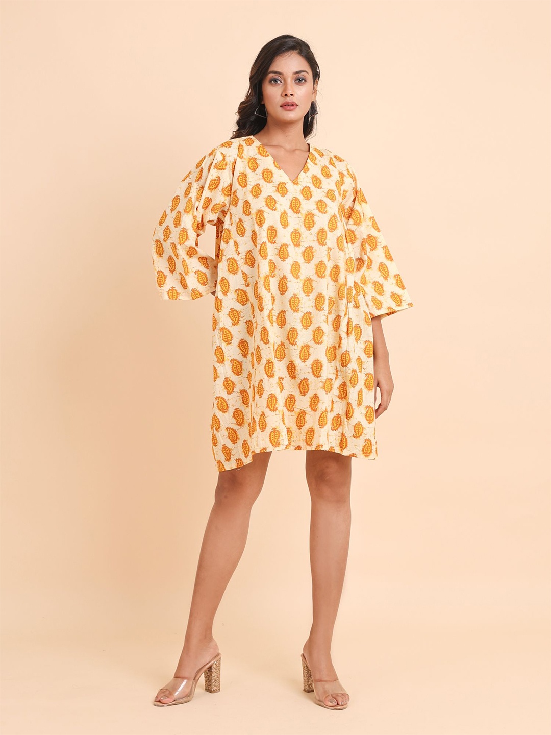 

Disli Ethnic Motifs Printed V-Neck Flared Sleeve Cotton A-Line Oversized Dress, Yellow