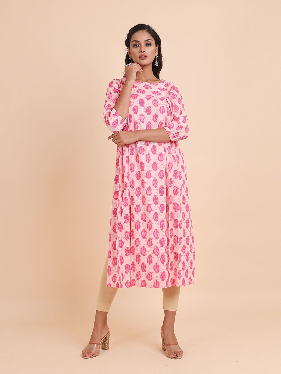 

Disli Ethnic Motifs Printed Round Neck Kurta, Pink