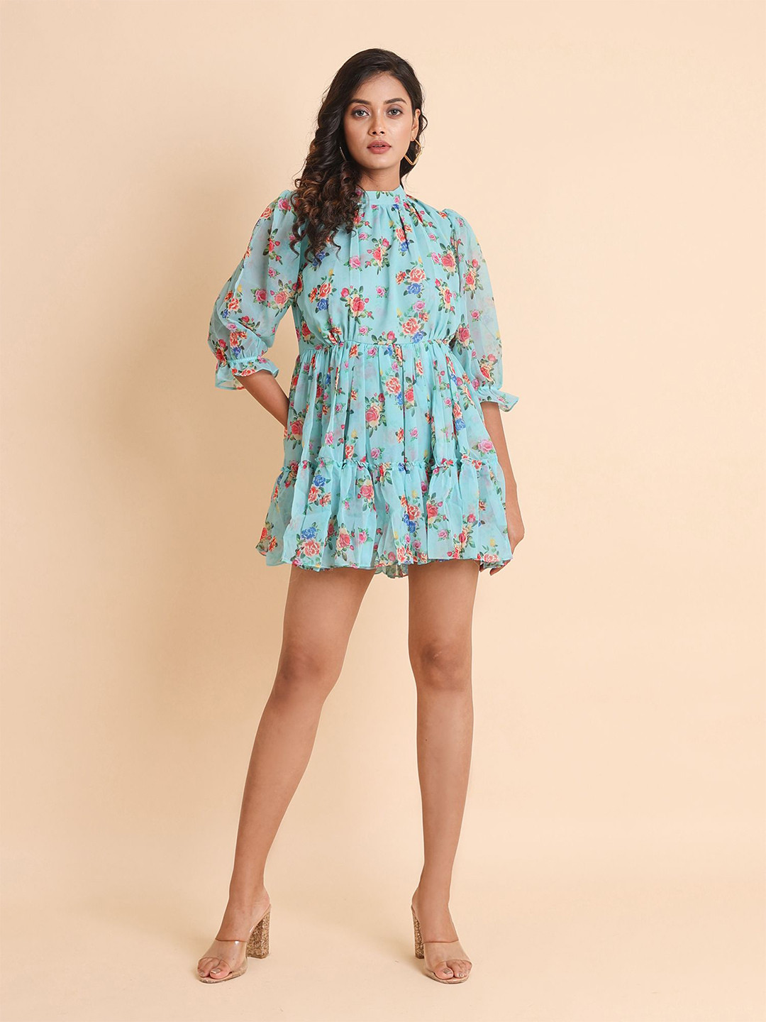 

Disli Floral Printed High Neck Puff Sleeves Pleated Georgette Fit & Flare Mini Dress, Blue
