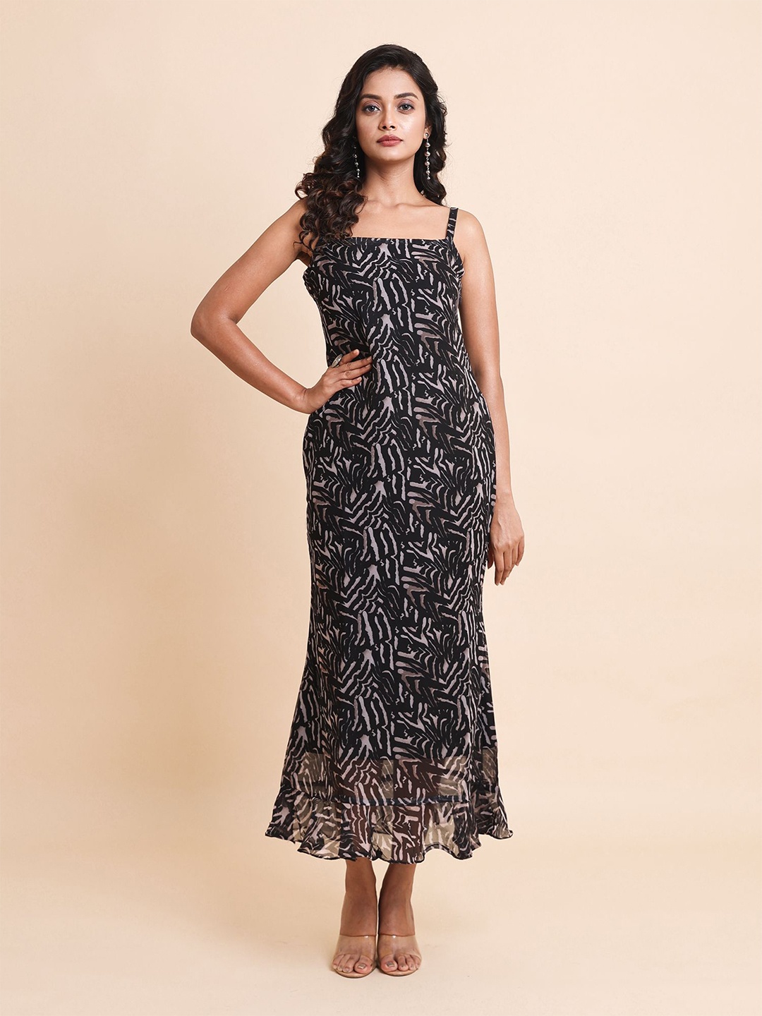 

Disli Animal Printed Square Neck Flounce Hem Georgette Maxi Dress, Black