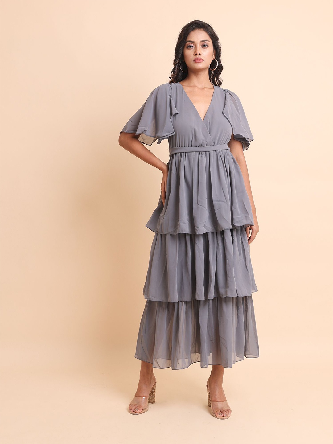 

Disli V-Neck Flared Sleeves Georgette Maxi Dress, Grey