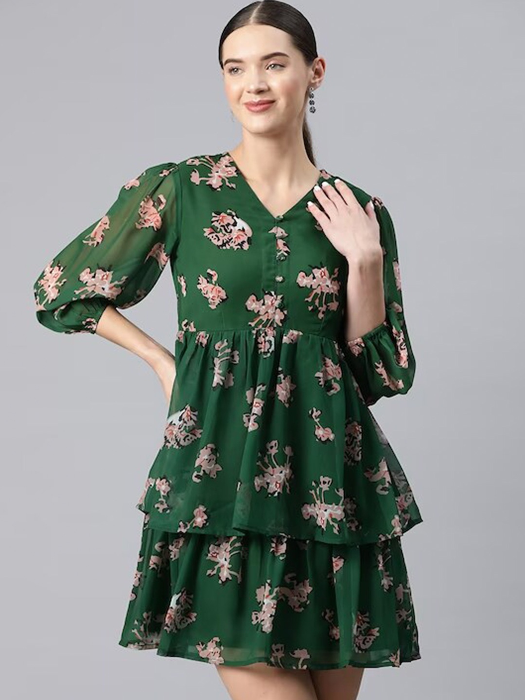 

KALINI Floral Printed Puff Sleeves Fit & Flare Dress, Green