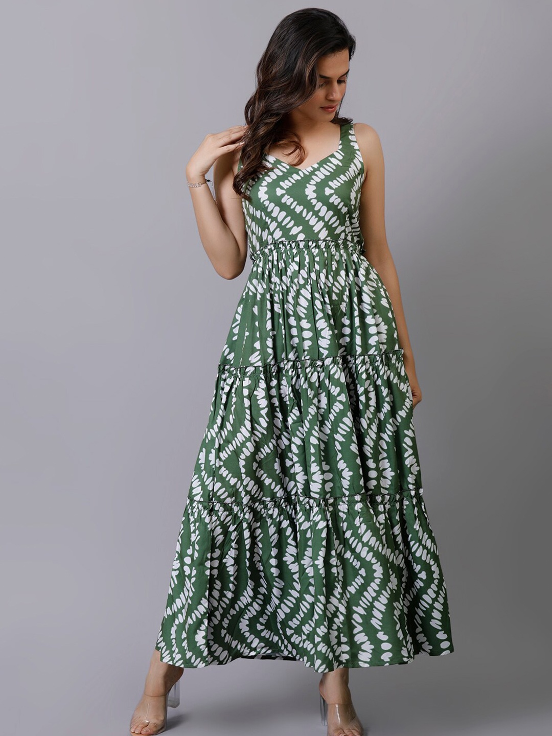 

KALINI Abstract Printed Gathered Tiered Maxi Dress, Green