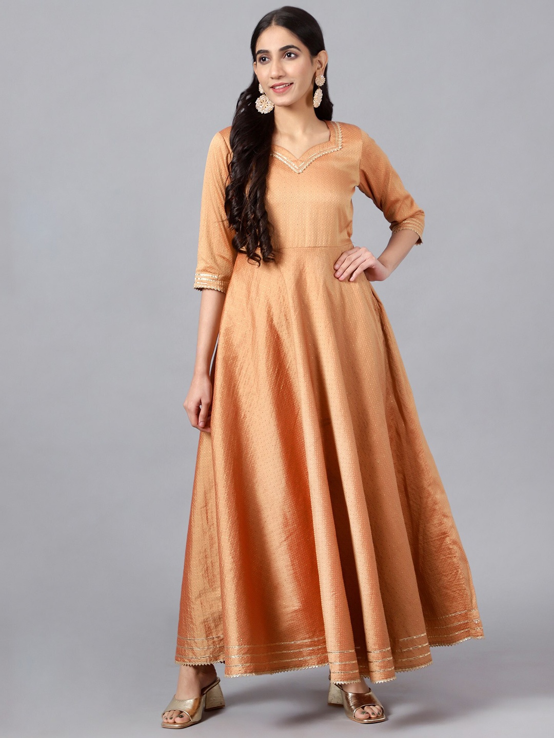 

KALINI Round Neck Fit & Flare Ethnic Dress, Bronze