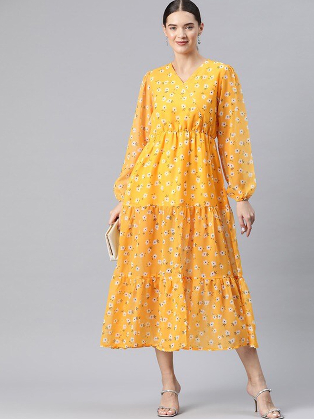 

KALINI Floral Printed Puff Sleeves Tiered A-Line Midi Dress, Yellow