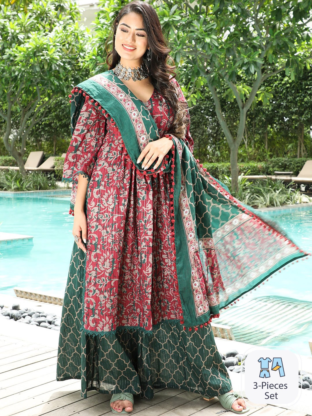 

AKS Couture Floral Printed Straight Pure Cotton Kurta With Palazzos & Dupatta, Maroon