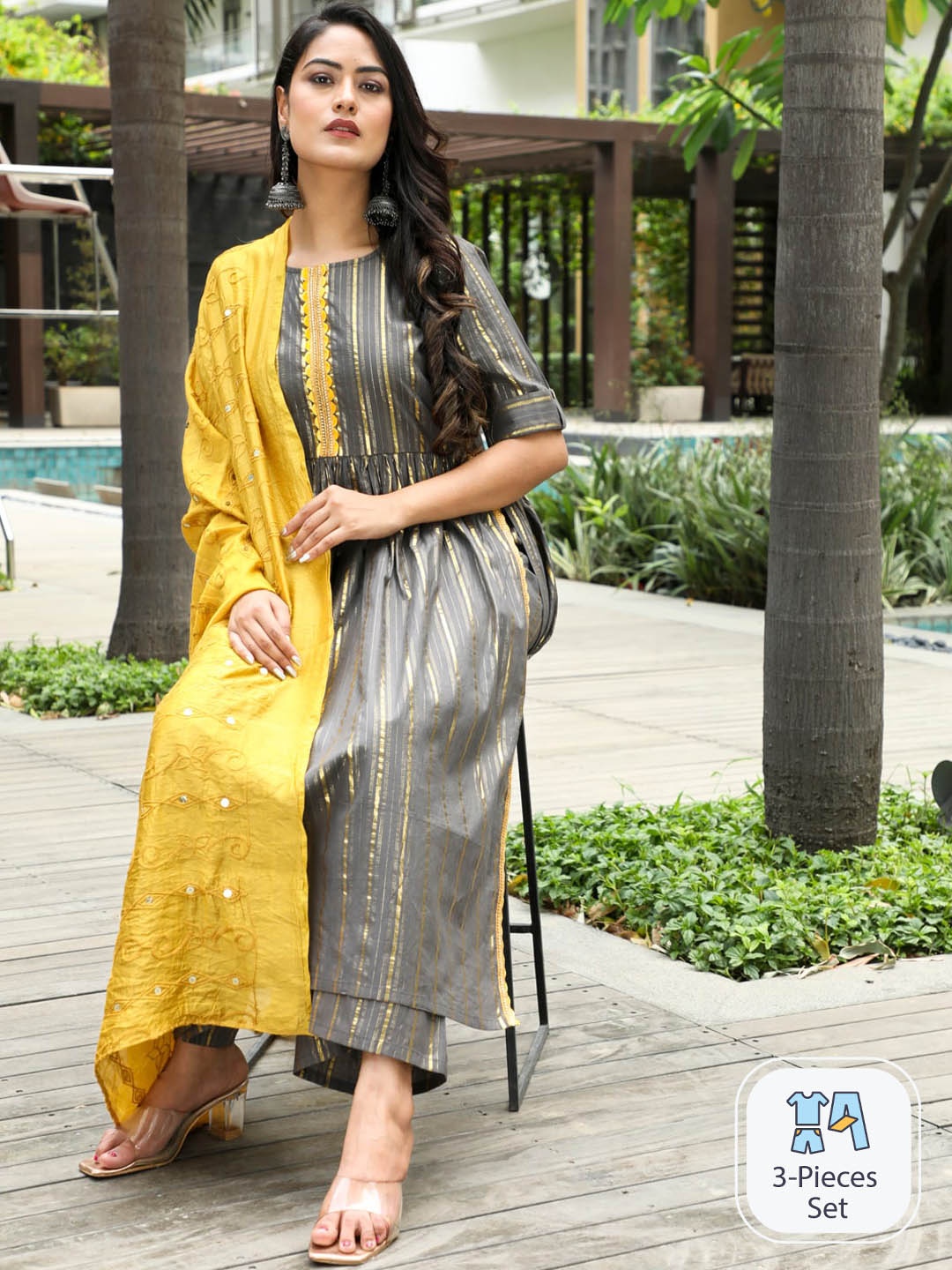 

AKS Couture Striped Pure Cotton Straight Kurta With Palazzos & Dupatta, Grey