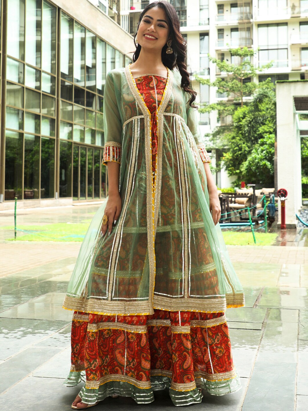 

AKS Couture Floral Printed Straight Gotta Patti Pure Kurta with Sharara With Jacket, Red