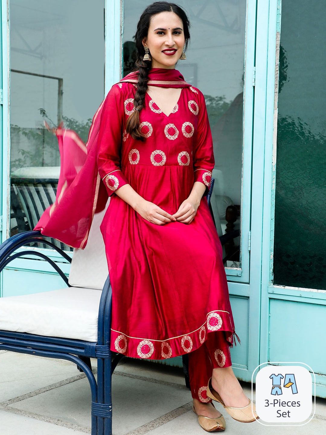 

AKS Couture Woven Design Anarkali Kurta With Trousers & Dupatta, Red