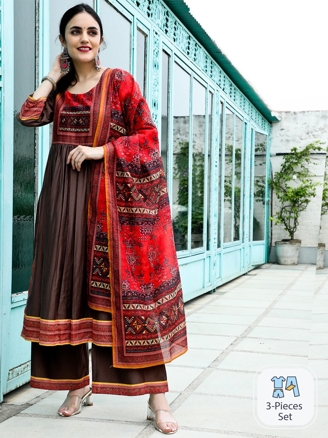 

AKS Couture Ethnic Motifs Printed Anarkali Kurta With Palazzos & Dupatta, Brown