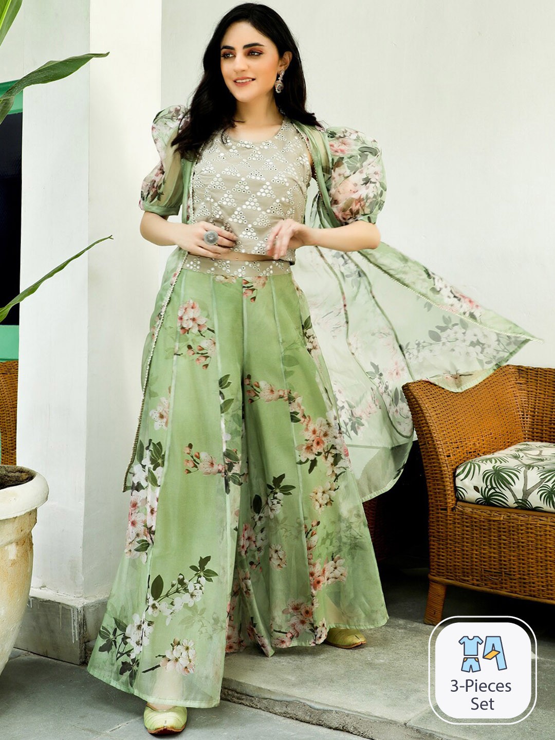 

AKS Couture Floral Printed Organza Top With Palazzos & Jacket, Green