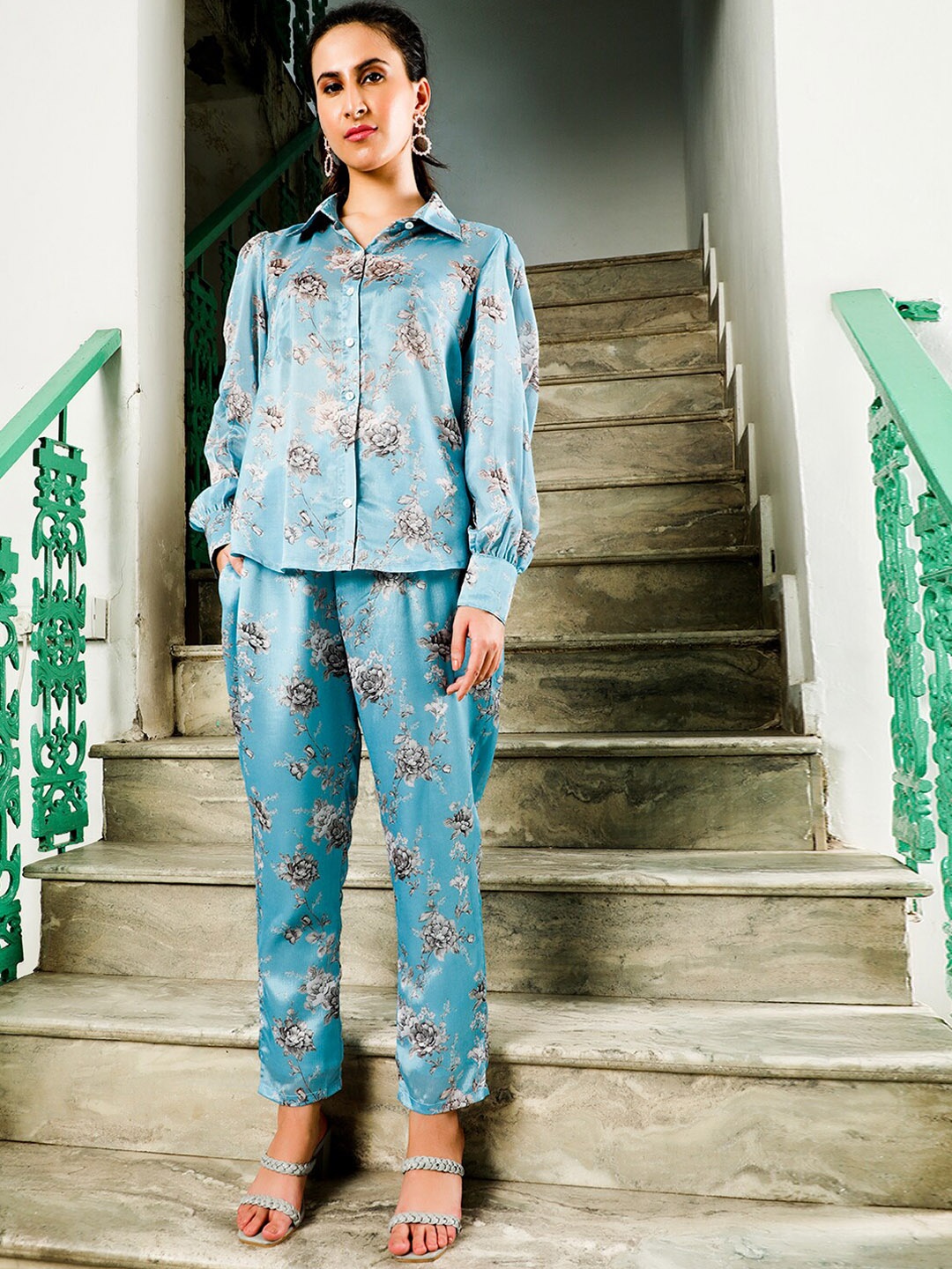 

AKS Couture Floral Printed Shirt With Trousers, Blue