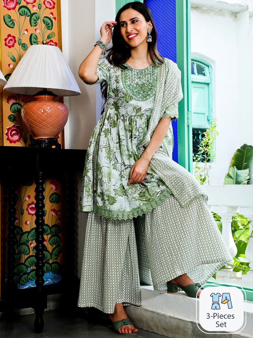 

AKS Couture Floral Printed A-Line Pure Cotton Kurta With Sharara & Dupatta, Green