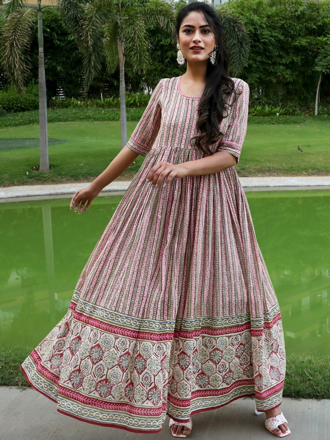 

AKS Couture Geometric Printed Cotton Ethnic Dress, Cream