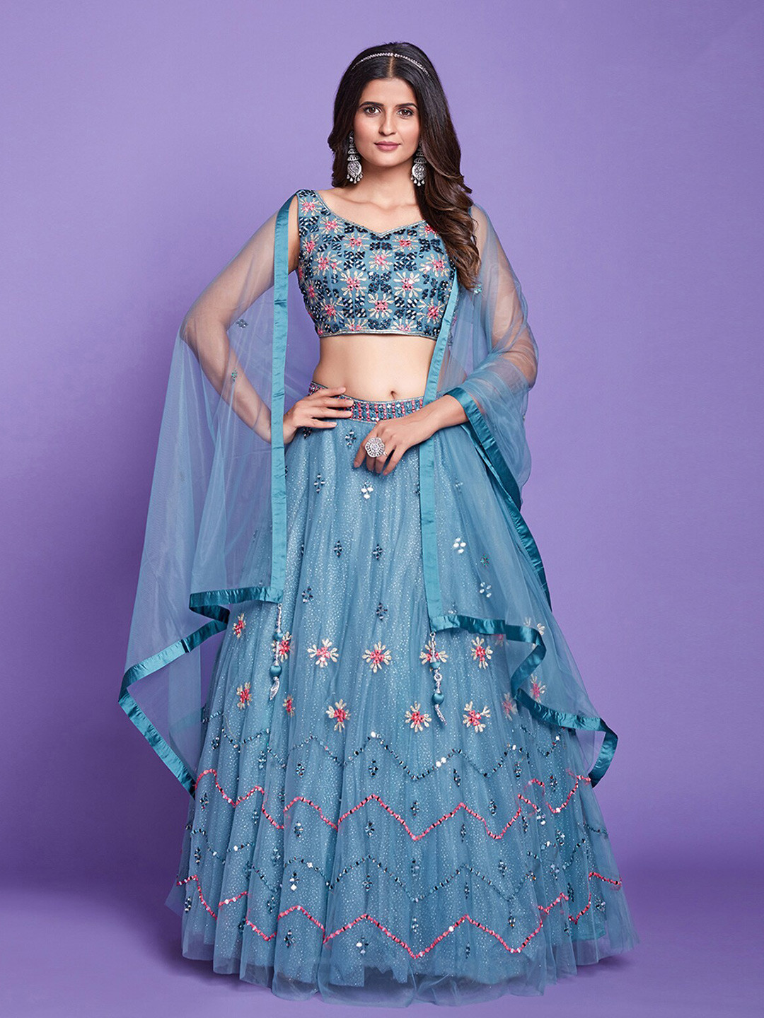

ODETTE Embroidered Mirror Work Ready to Wear Lehenga & Blouse With Dupatta, Turquoise blue