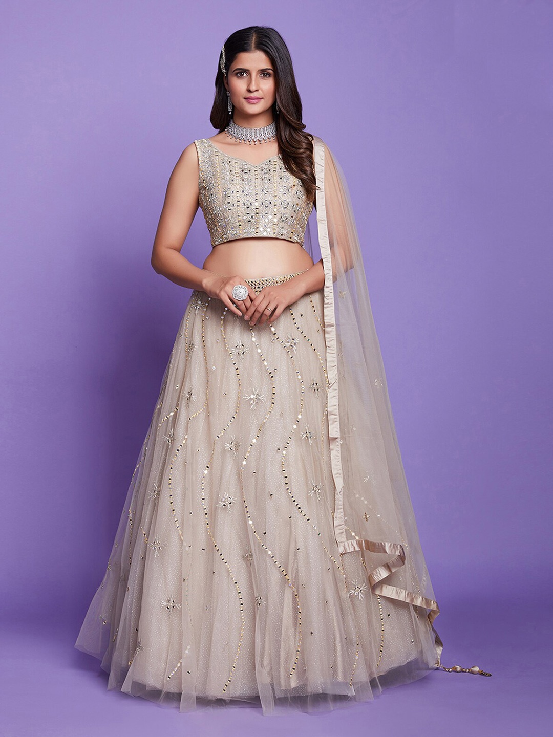 

ODETTE Embroidered Mirror Work Ready to Wear Lehenga & Blouse With Dupatta, Beige