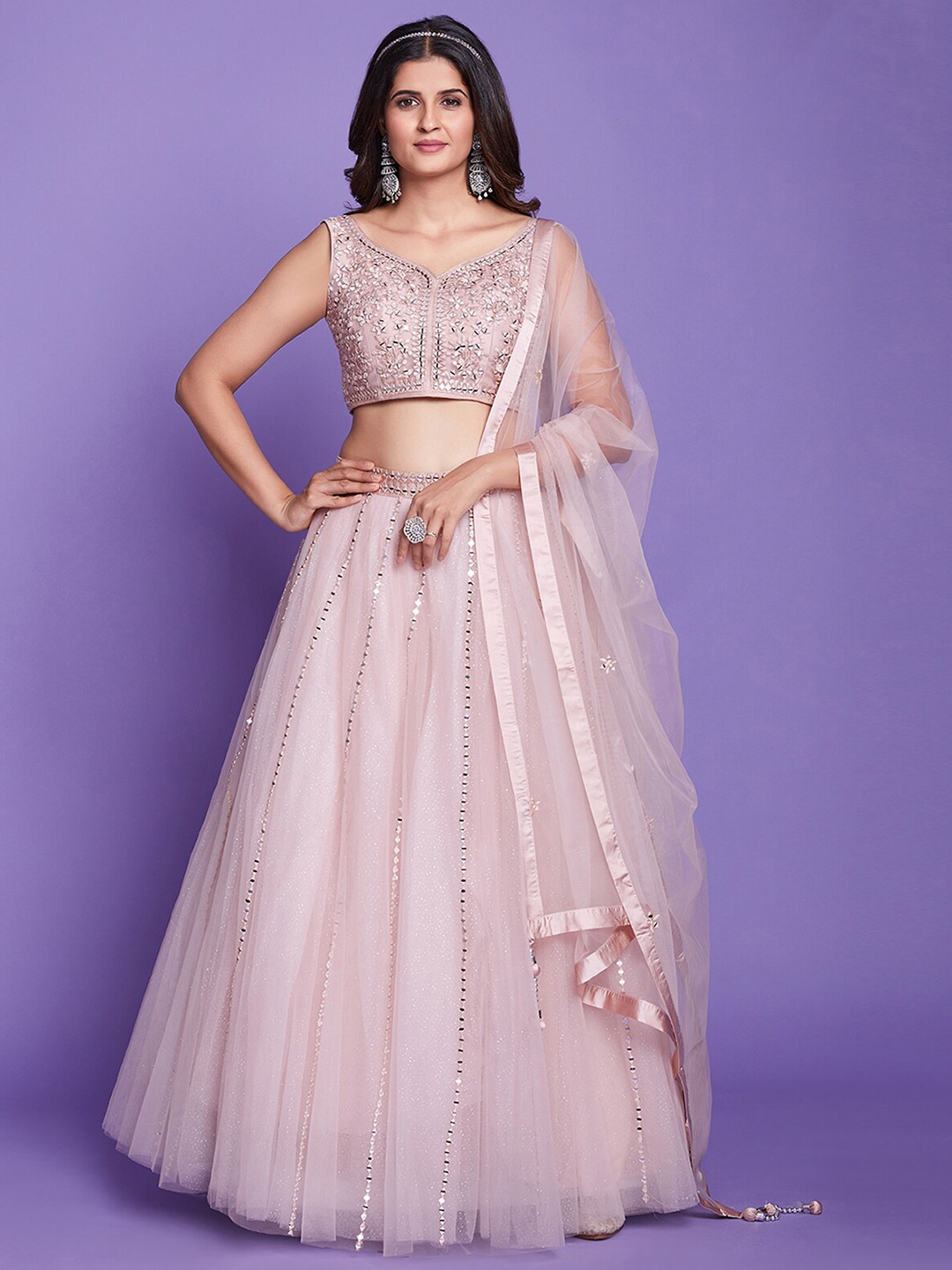 

ODETTE Embroidered Mirror Work Ready to Wear Lehenga & Blouse With Dupatta, Peach