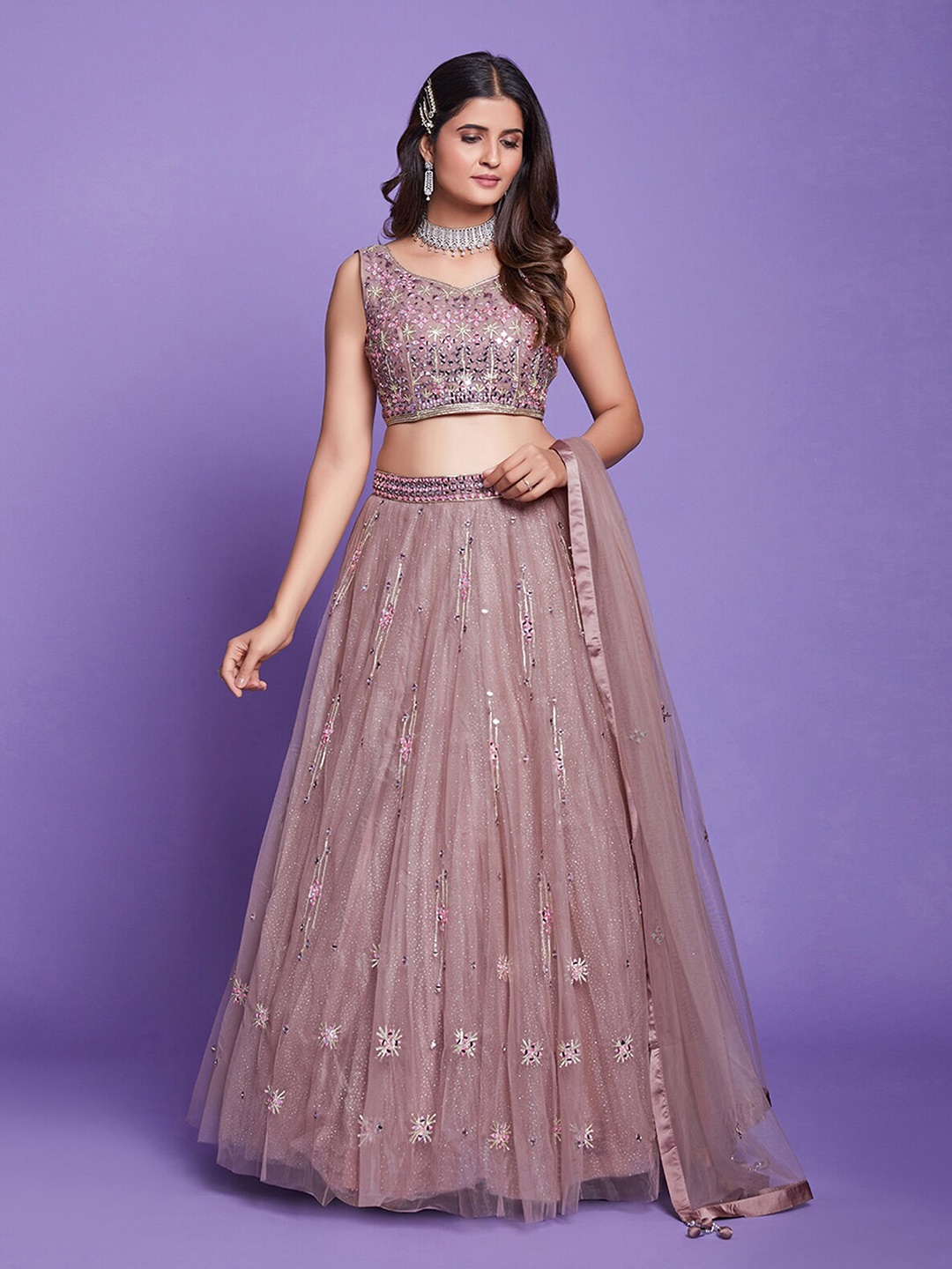

ODETTE Embroidered Thread Work Ready to Wear Lehenga & Blouse With Dupatta, Brown