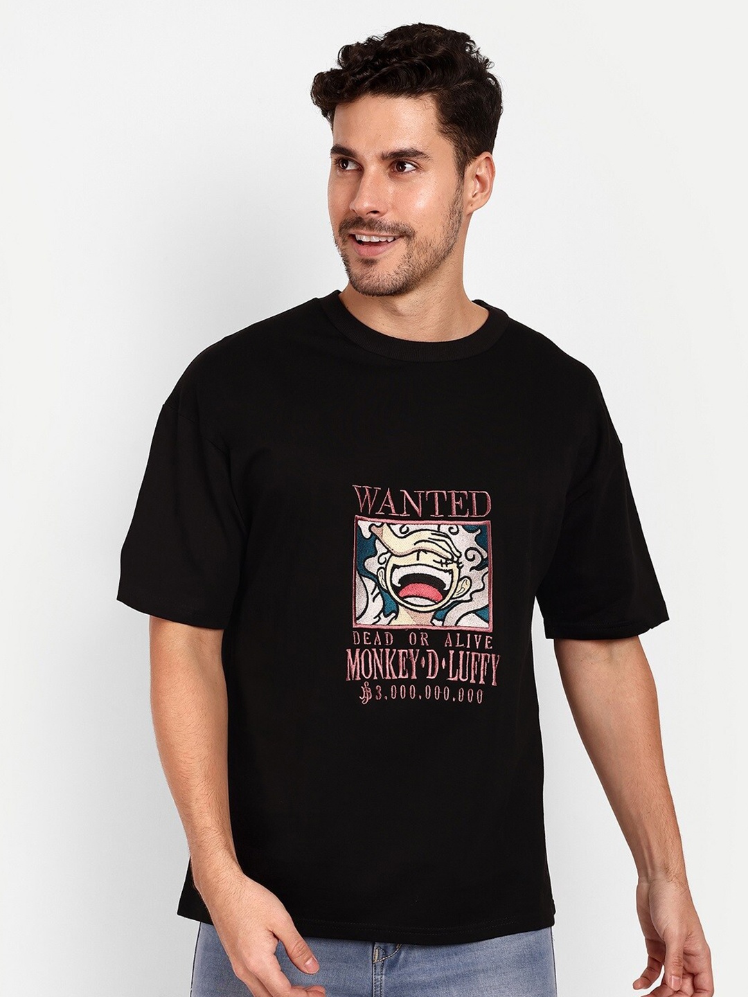 

BLURR Luffy Wanted Anime Embroidered Oversize Pure Cotton T-shirt, Black