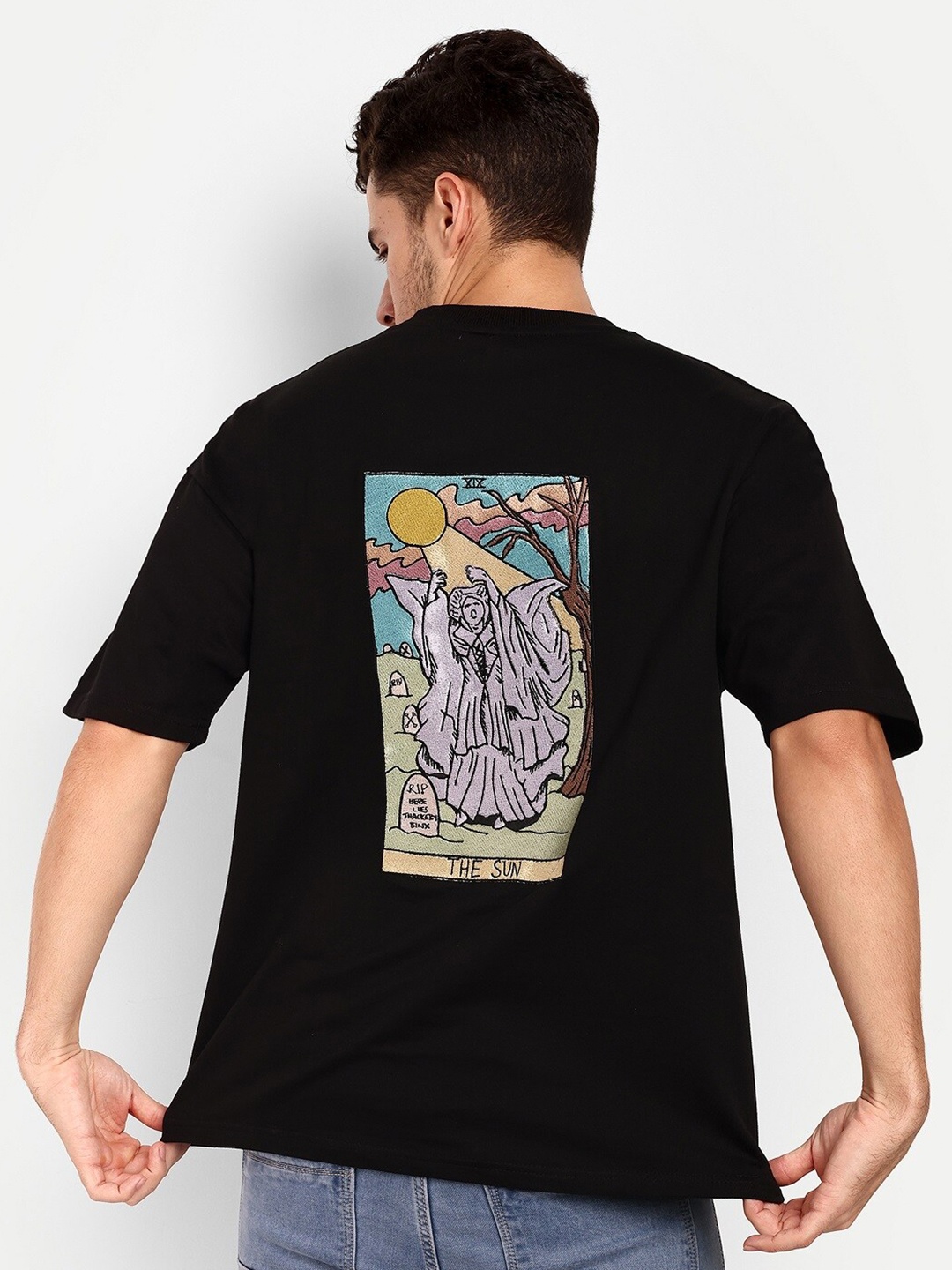 

BLURR The Sun Torat Card Embroidered Oversize Pure Cotton T-shirt, Black
