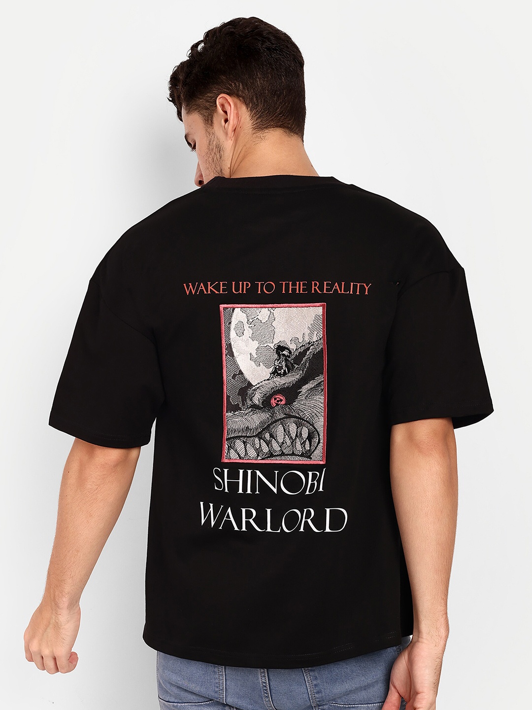 

BLURR Shinobi Warlord Anime Embroidery Oversized Cotton T-shirt, Black