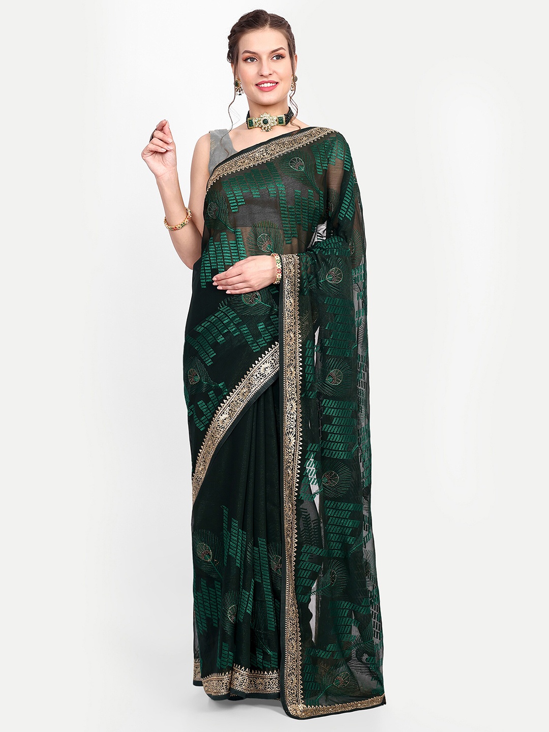 

choiceit Ethnic Motifs Embroidered Pure Silk Gadwal Saree, Green