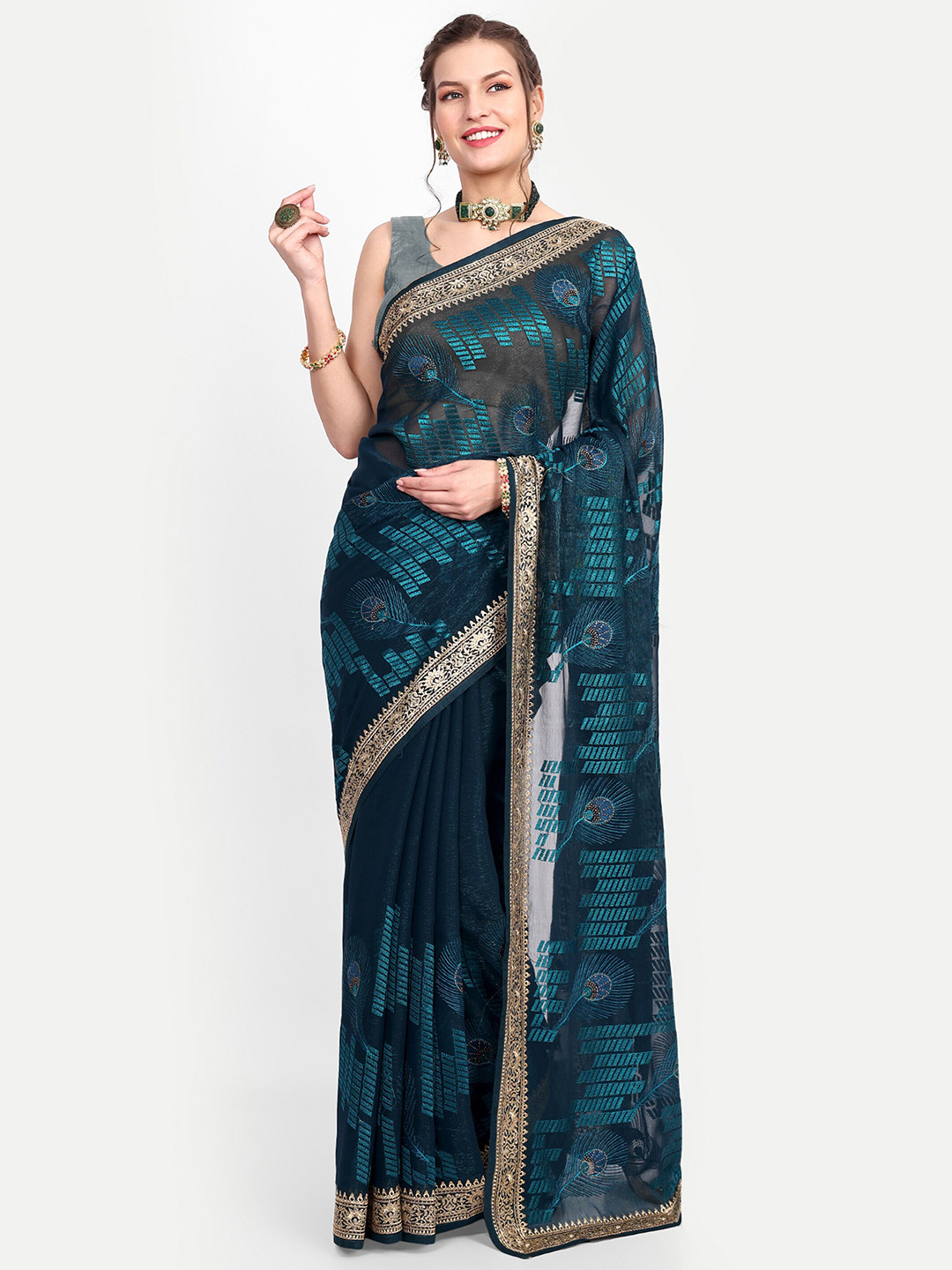 

choiceit Ethnic Motifs Embroidered Pure Silk Gadwal Saree, Blue