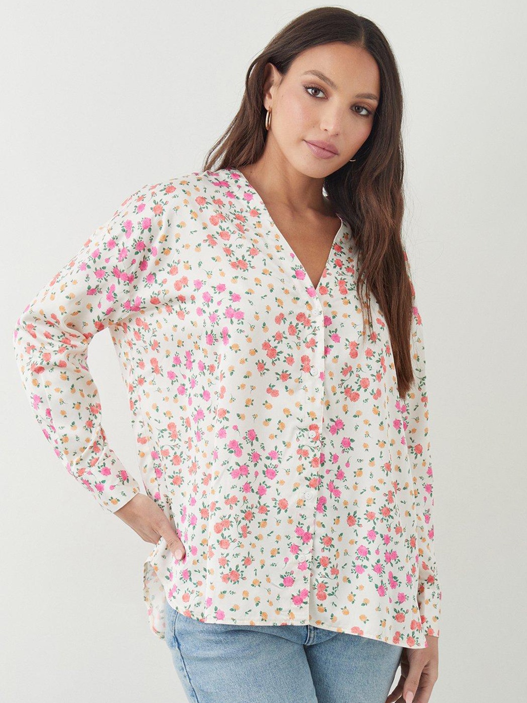 

DOROTHY PERKINS Floral Print Collarless Shirt, White