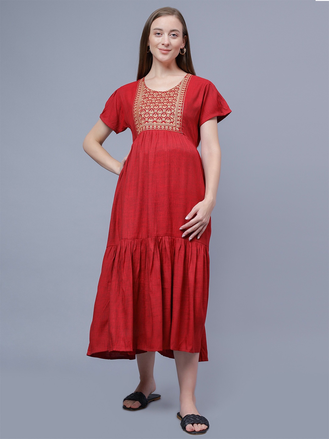 

NIGHTSPREE Ethnic Motifs Embroidered Maternity Fit & Flare Midi Dress, Red
