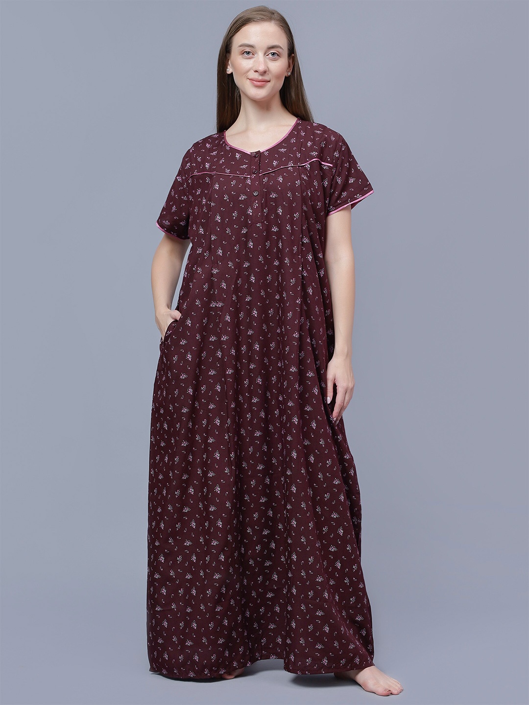 

NIGHTSPREE Floral Printed Cotton Maxi Maternity Nightdress, Maroon