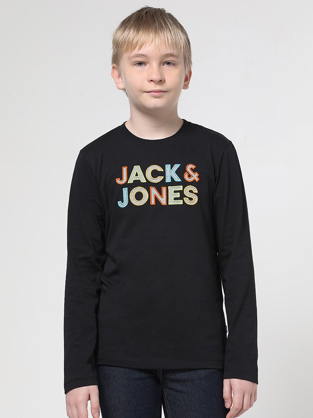 Jack & Jones Junior Boys Typography Printed Pure Cotton T-Shirt, Black