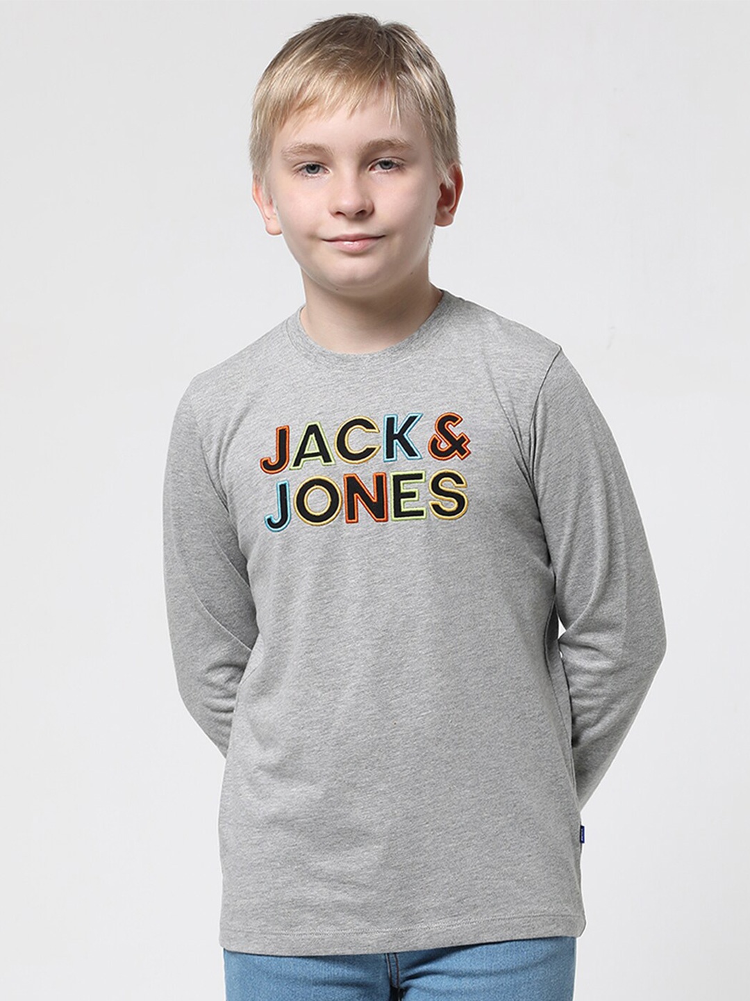 

Jack & Jones Junior Boys Typography Printed Slim Fit Pure Cotton T-shirt, Grey