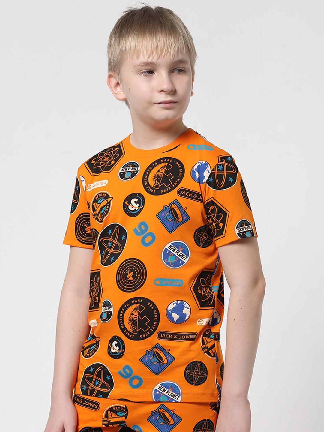 

Jack & Jones Junior Boys Conversational Printed Slim Fit Pure Cotton T-Shirt, Orange
