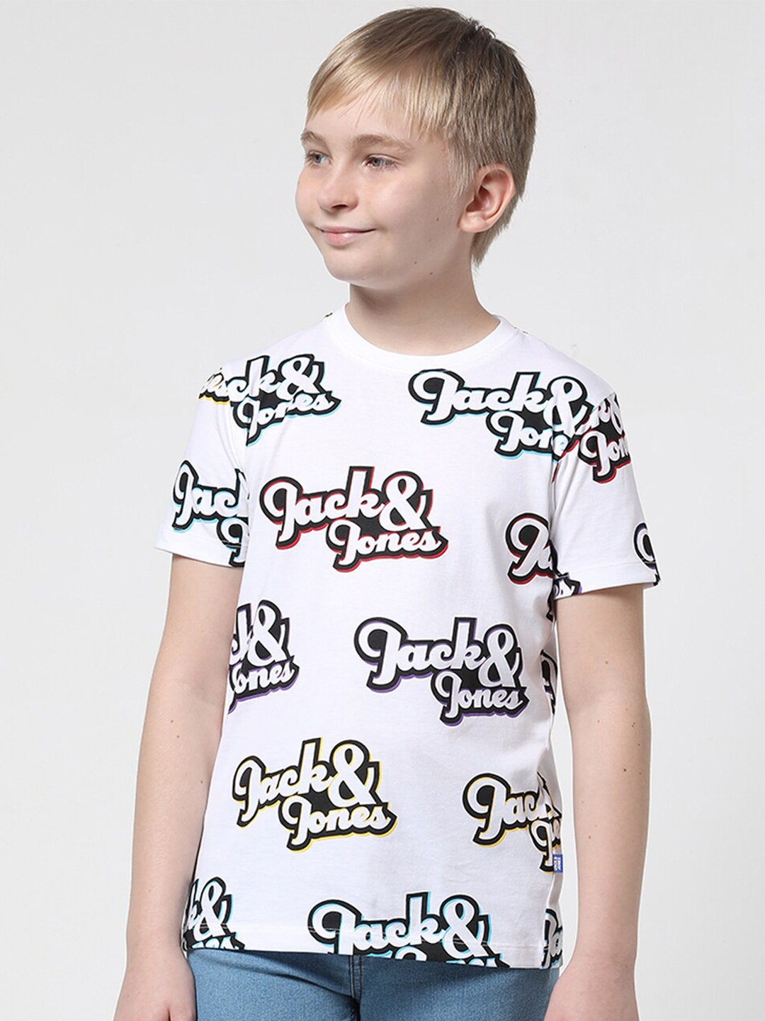 Jack & Jones Junior Boys Typography Printed Slim Fit Pure Cotton T-shirt, White