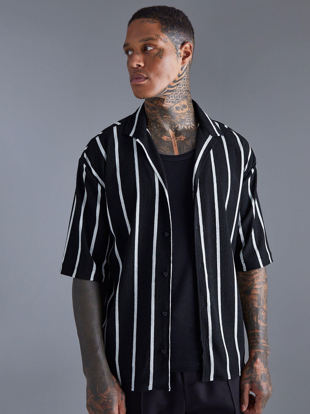 

boohooMAN Striped Casual Shirt, Black