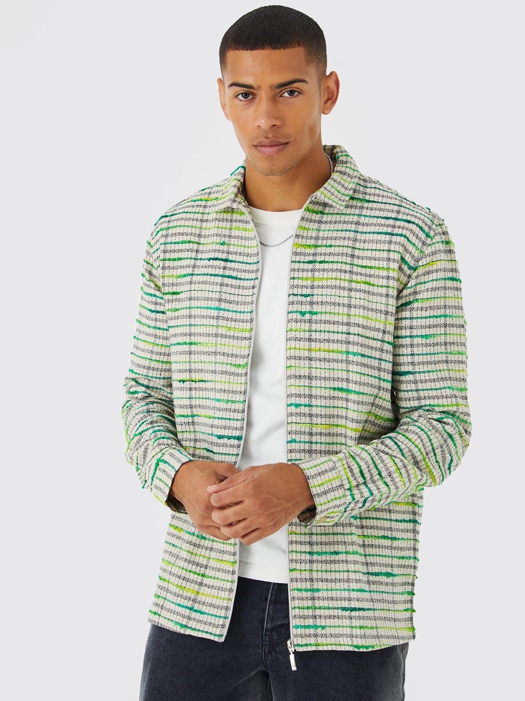 

boohooMAN Jacquard Checked Long Sleeve Shirt, Off white