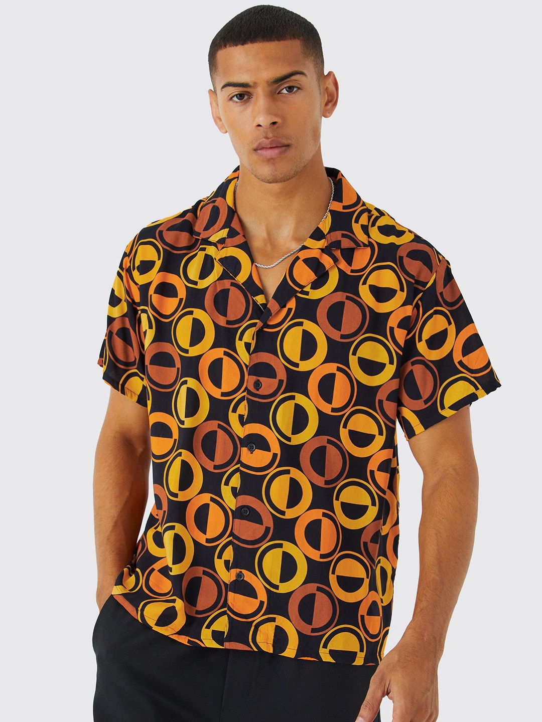 

boohooMAN Printed Boxy Shirt, Black