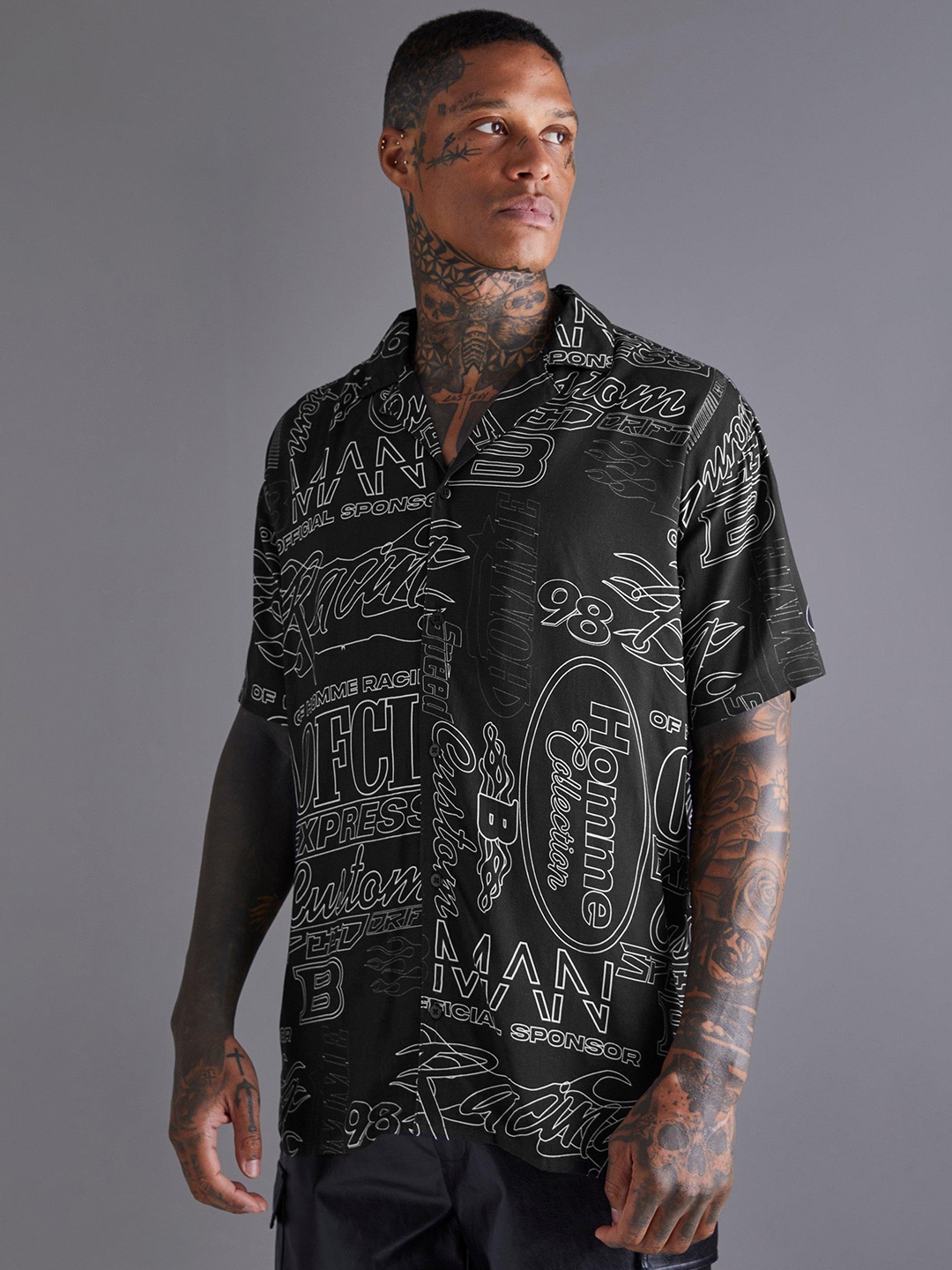 

boohooMAN Oversized Printed Casual Shirt, Black