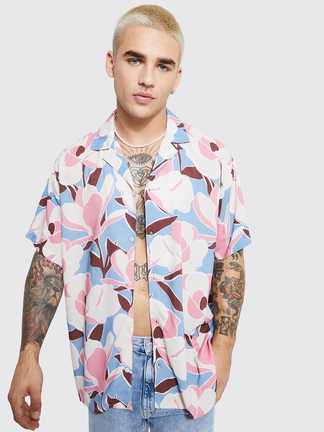 

boohooMAN Floral Printed Oversized Casual Shirt, Blue