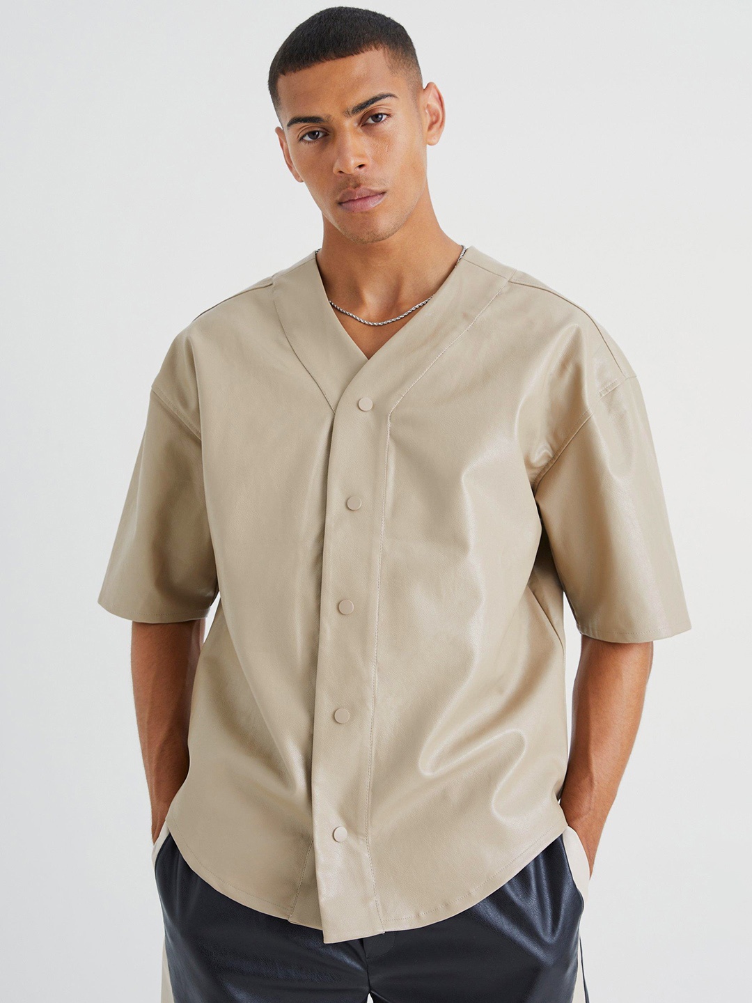 boohooMAN Pu Coated Oversized Casual Shirt, Beige