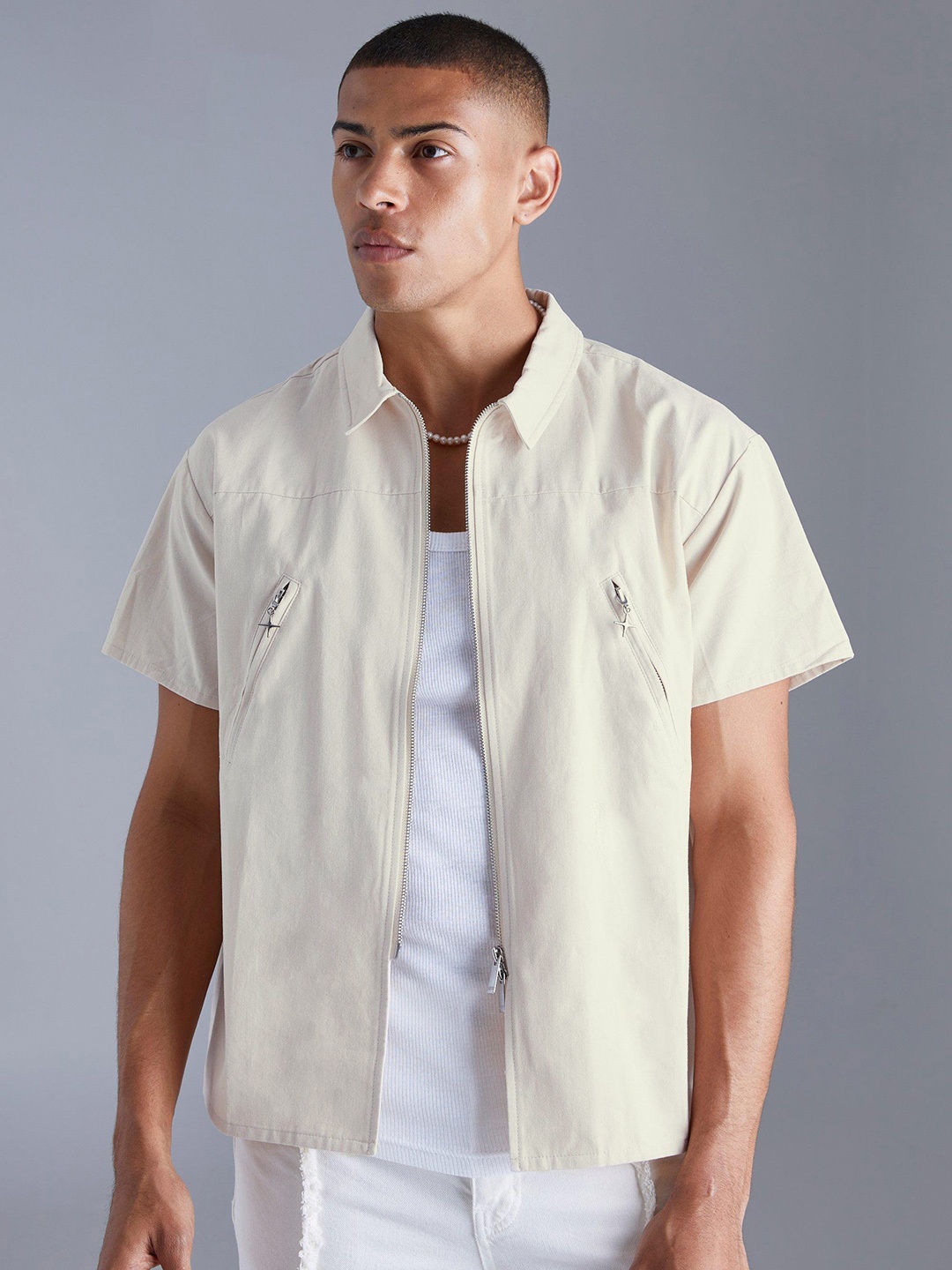 

boohooMAN Pure Cotton Short Sleeves Boxy Fit Casual Shirt, Off white