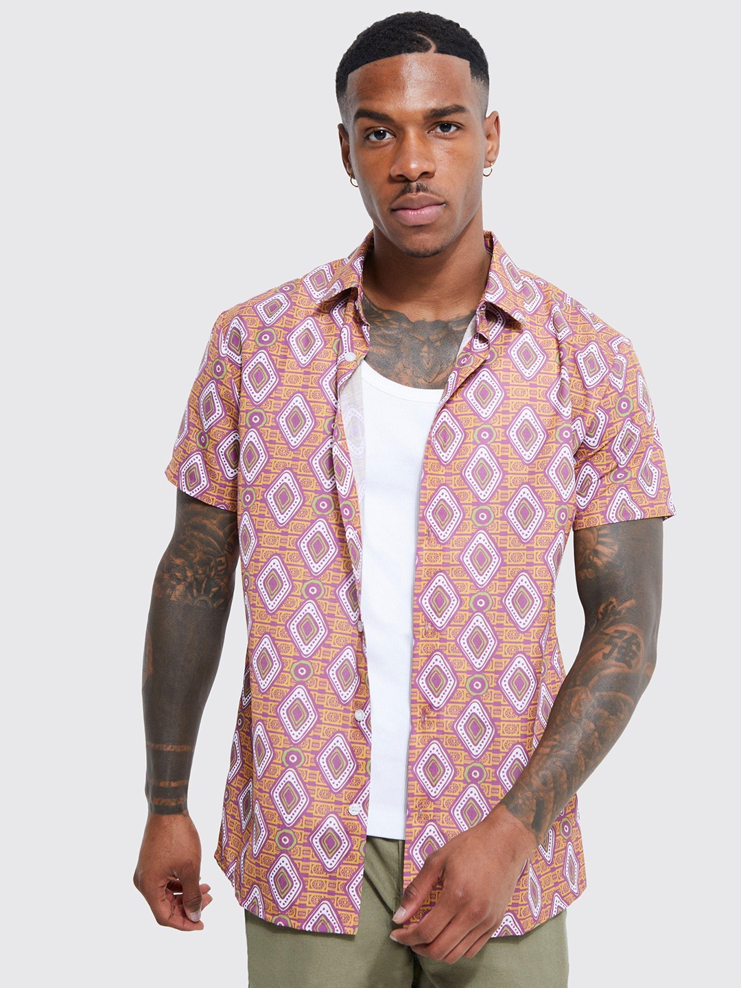 

boohooMAN Printed Short Sleeve Casual Shirt, Purple