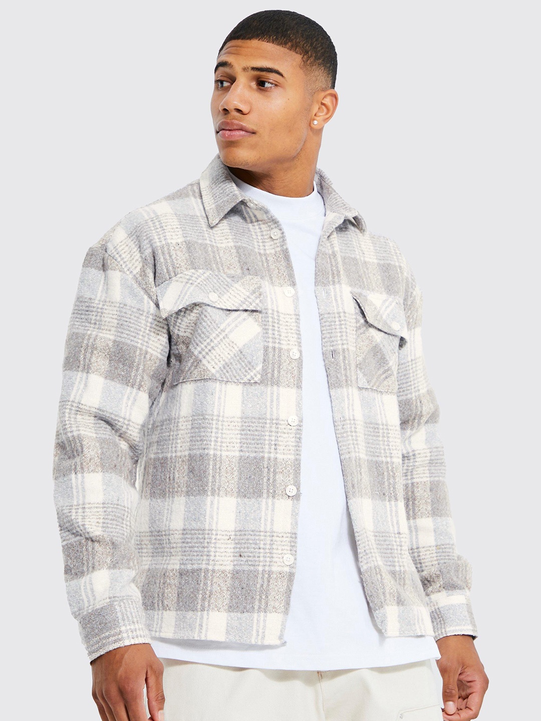 

boohooMAN Boxy Fit Checked Shacket, Grey